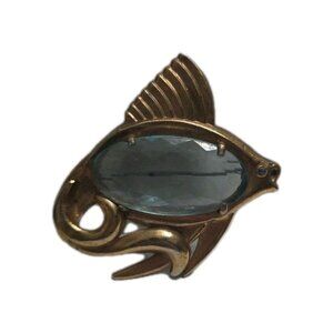Trifari Early Rare Jelly Belly Aquamarine Glass Fish High End Brooch